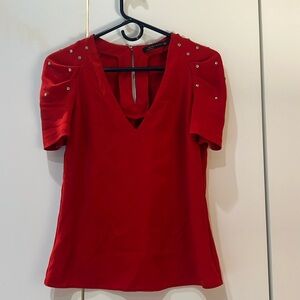 Zara red v-neck blouse with studded sleeves, size small